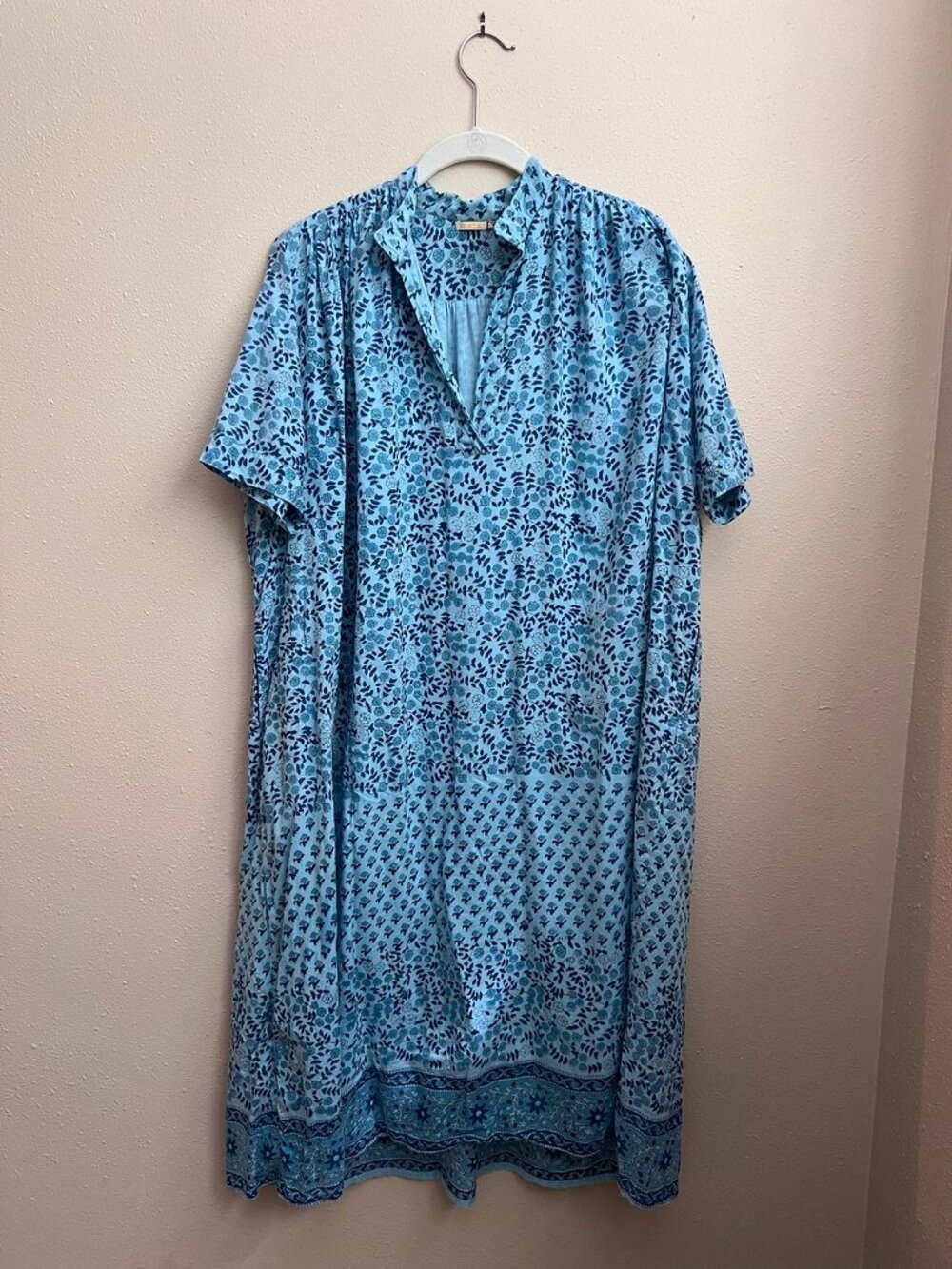 Matta Blue Floral Block Print Cotton Dress S
